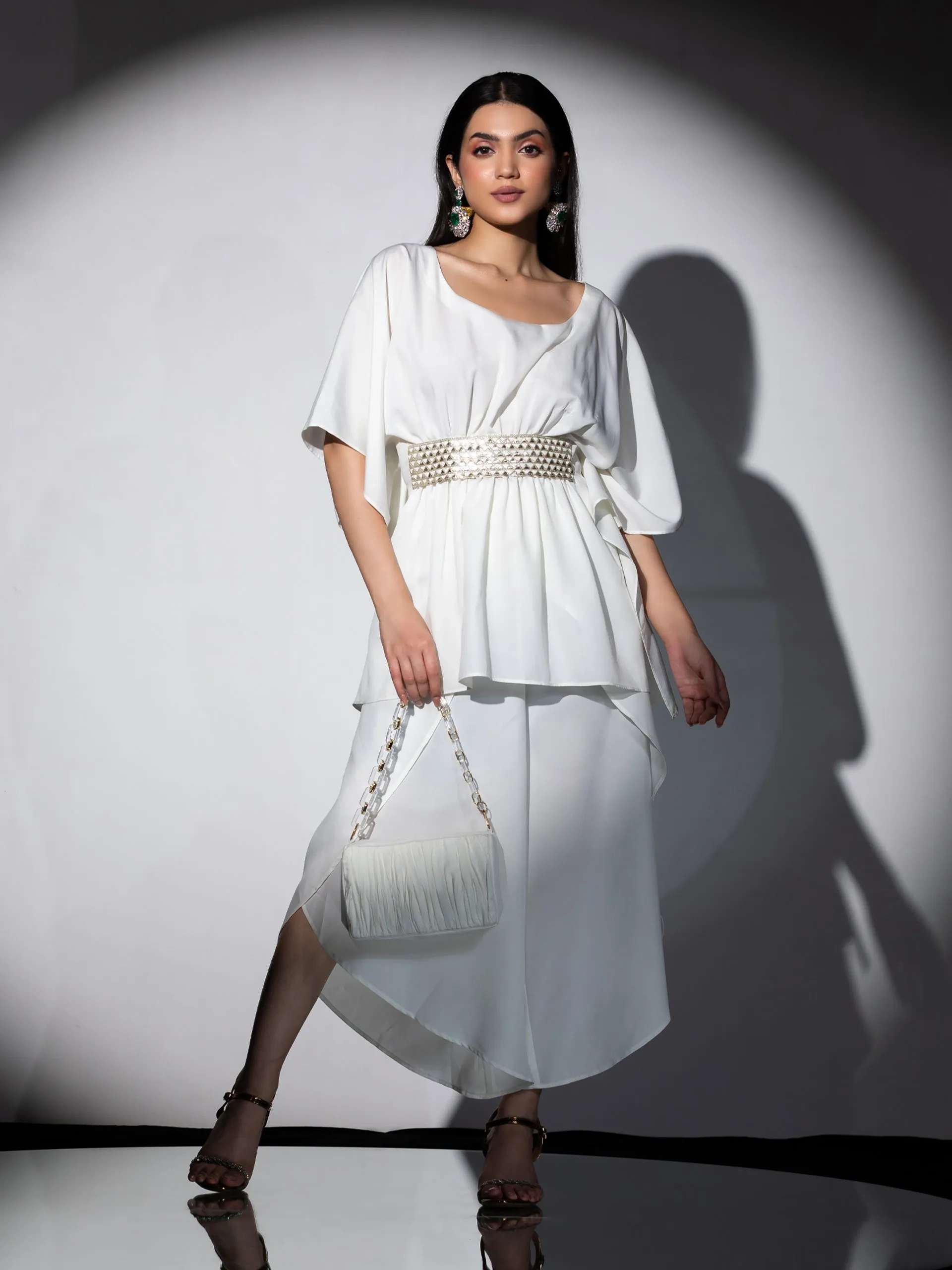 1 pc - Off White Crepe Short Kurta Top with Lace