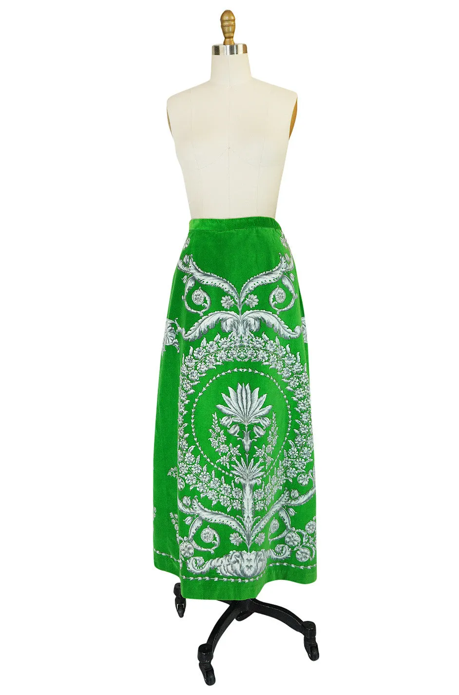 1970s Brillaint Green Velvet Mr Dino Print Maxi Skirt