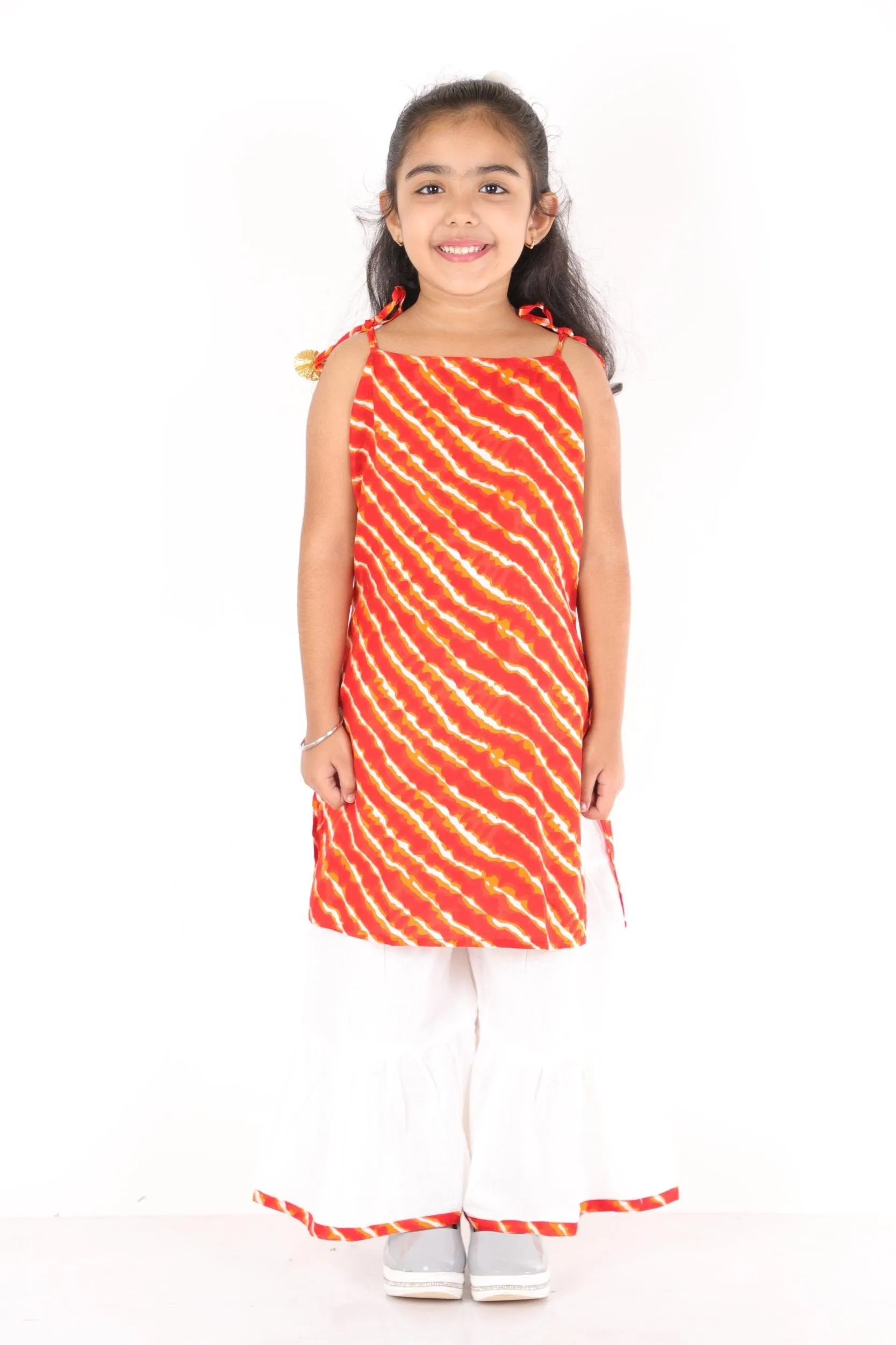 Ahhaaaa Cotton Leheriya Print Sleeveless Kurti-Sharara Set for Girls