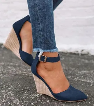 Ankle strap buckle wedge sandals D'Orsay pumps cut out closed toe pointed toe sandals