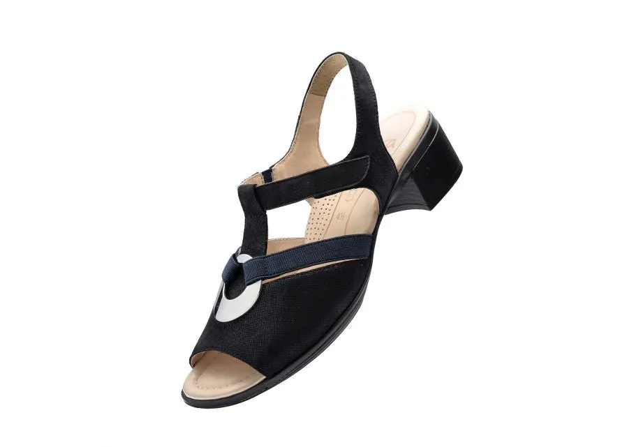 Ara Navy Sandals with Block Heel and Silver Detail