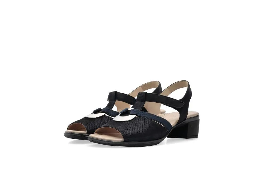 Ara Navy Sandals with Block Heel and Silver Detail