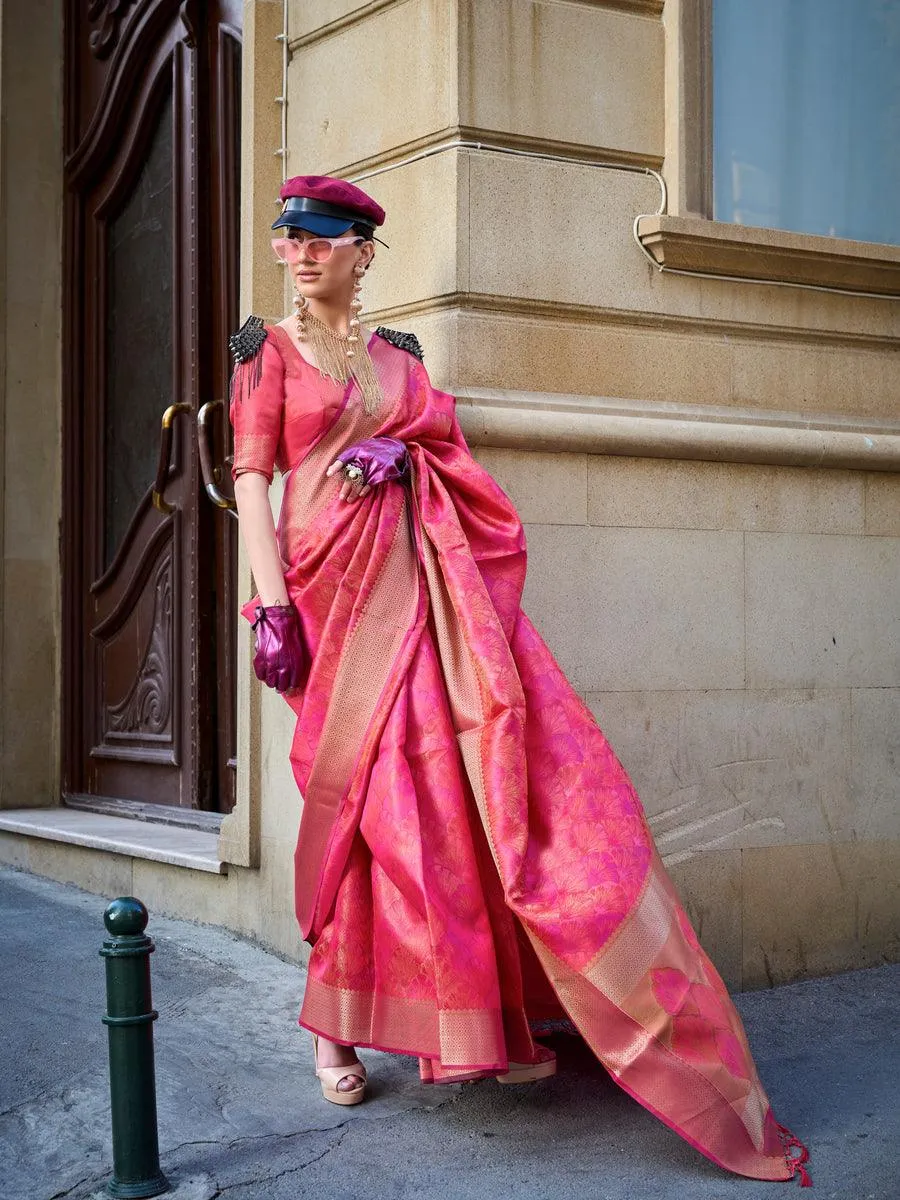 Astonishing Pink Pure Handloom Two Tone Organza Weaving Saree