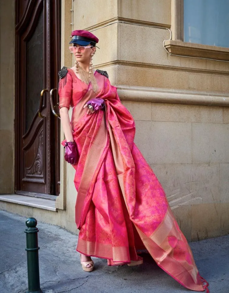 Astonishing Pink Pure Handloom Two Tone Organza Weaving Saree