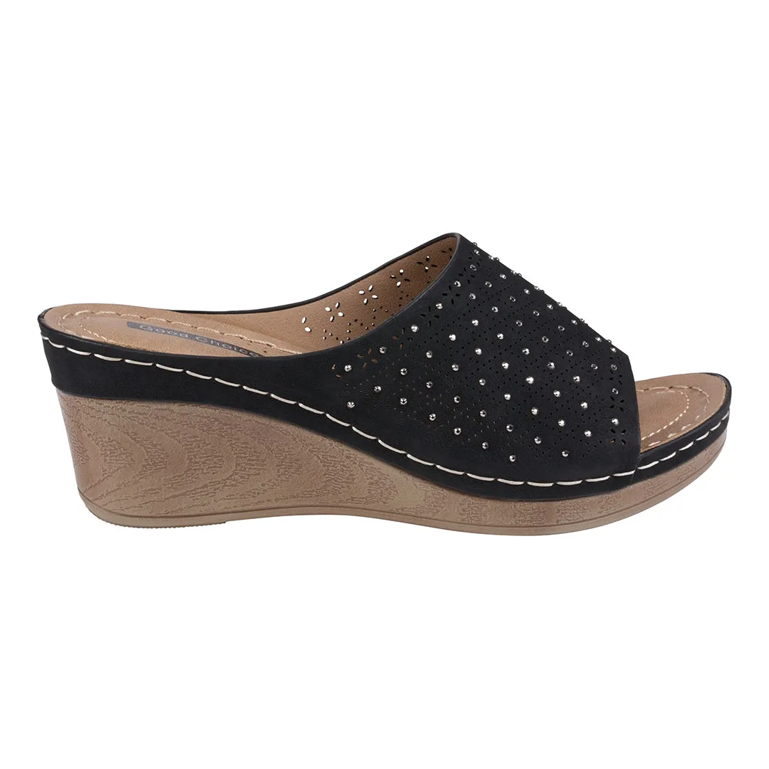 Atlanta Black Studded Slip On Comfort Wedge Sandals