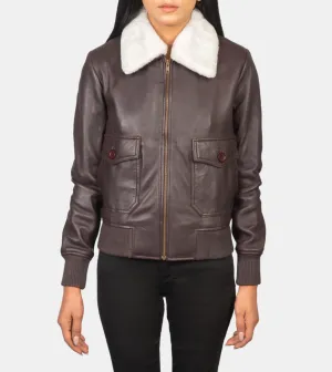 Auedriel Women's Brown Bomber Shearling Leather Jacket