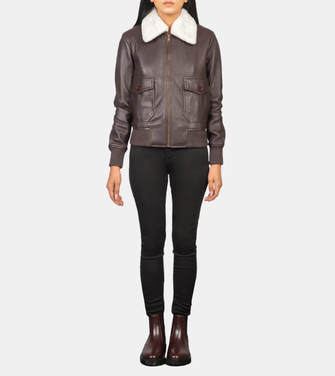 Auedriel Women's Brown Bomber Shearling Leather Jacket