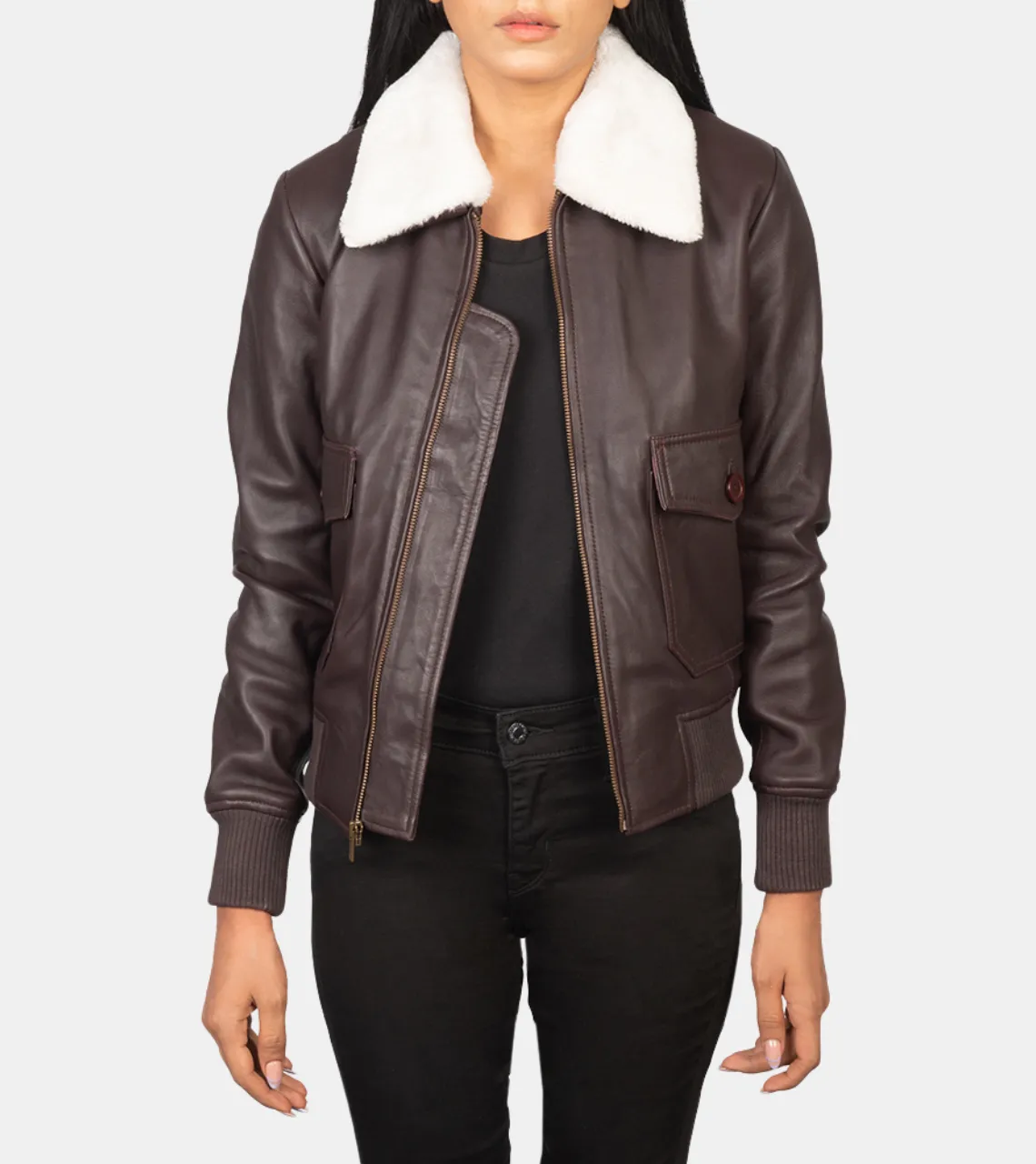 Auedriel Women's Brown Bomber Shearling Leather Jacket