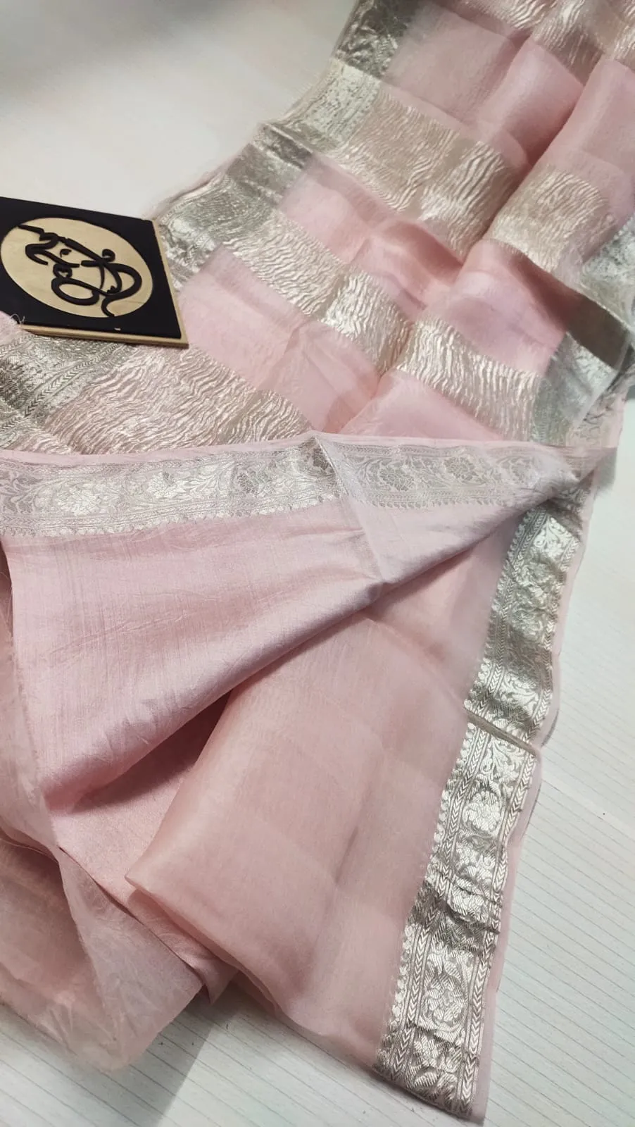 Baby Peach Banarasi Tissue Fancy Party Saree