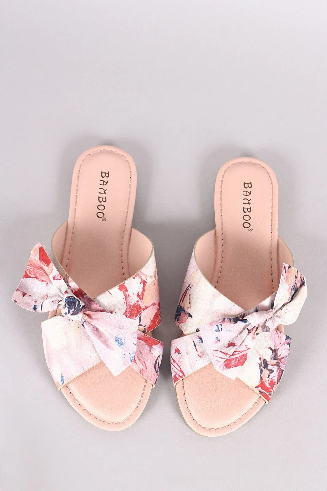 Bamboo Floral Satin Crisscross Bow Slide Sandal