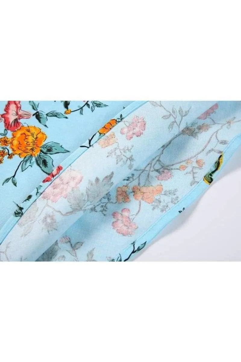 Beautiful Blue with Floral Birds Folded Collar A Line Dress with Pockets