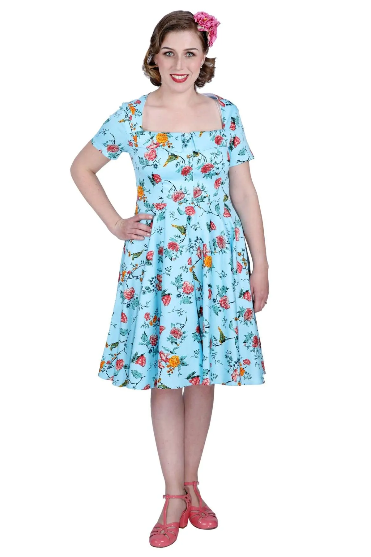 Beautiful Blue with Floral Birds Folded Collar A Line Dress with Pockets