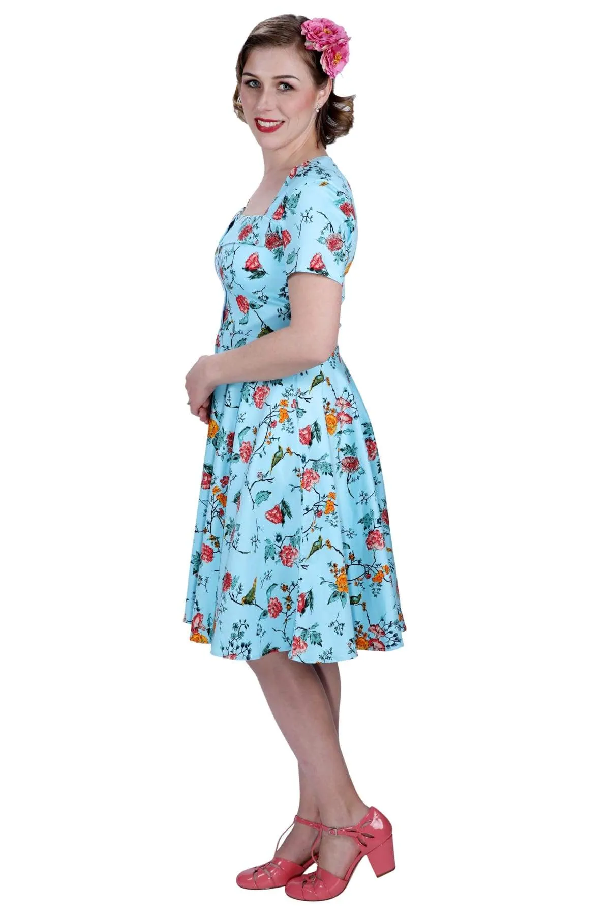 Beautiful Blue with Floral Birds Folded Collar A Line Dress with Pockets