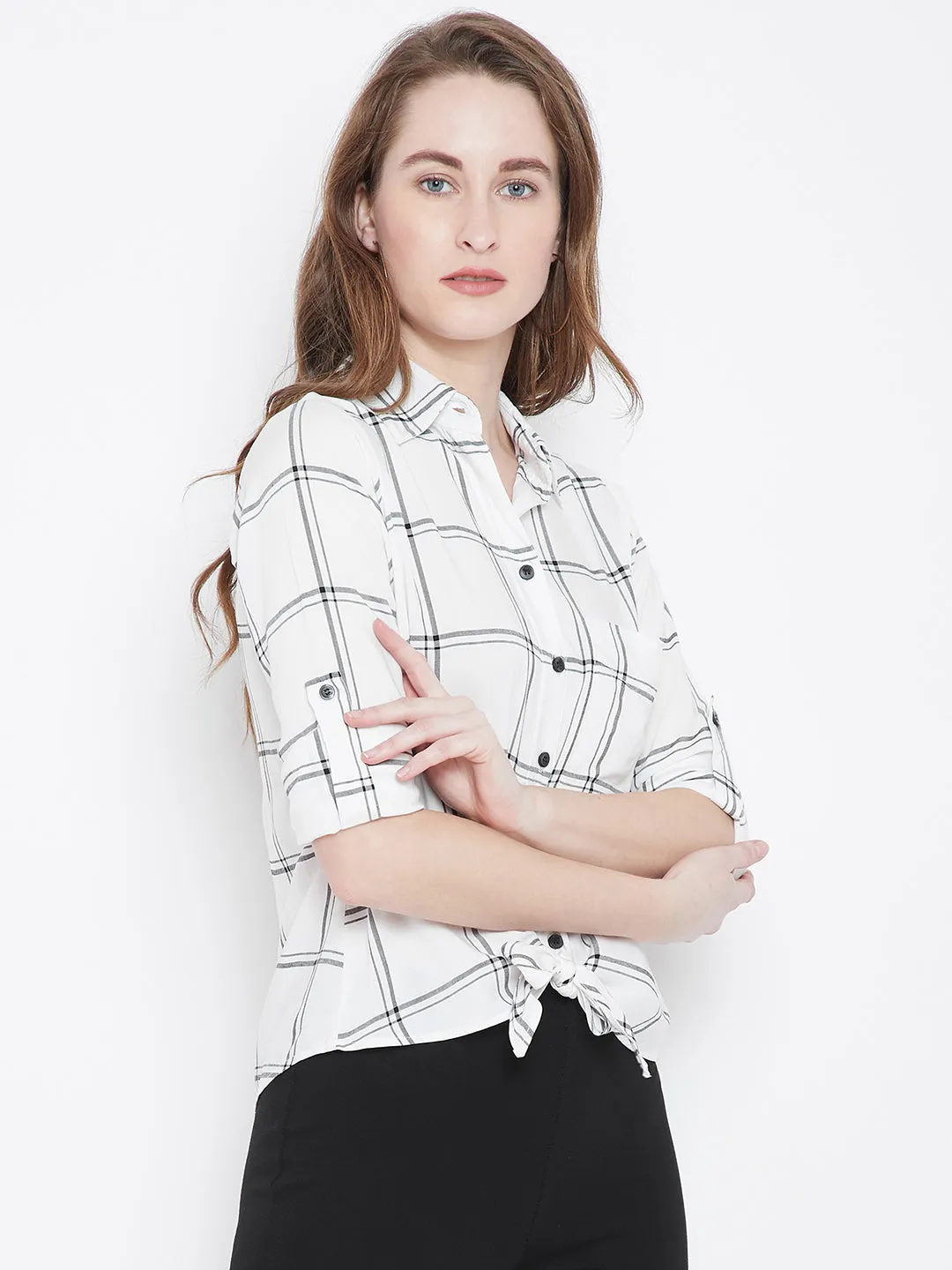 Berrylush Women White & Black Check Patterned Collar-Neck Shirt Style Top