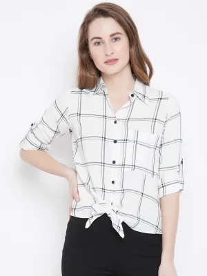 Berrylush Women White & Black Check Patterned Collar-Neck Shirt Style Top