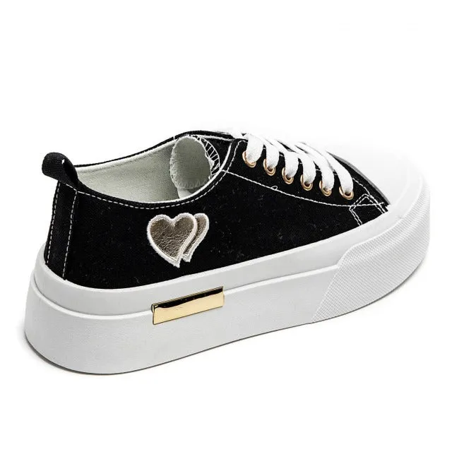 BLACK LACE UP HEART DETAIL CHUNKY STYLISH FLAT TRAINERS