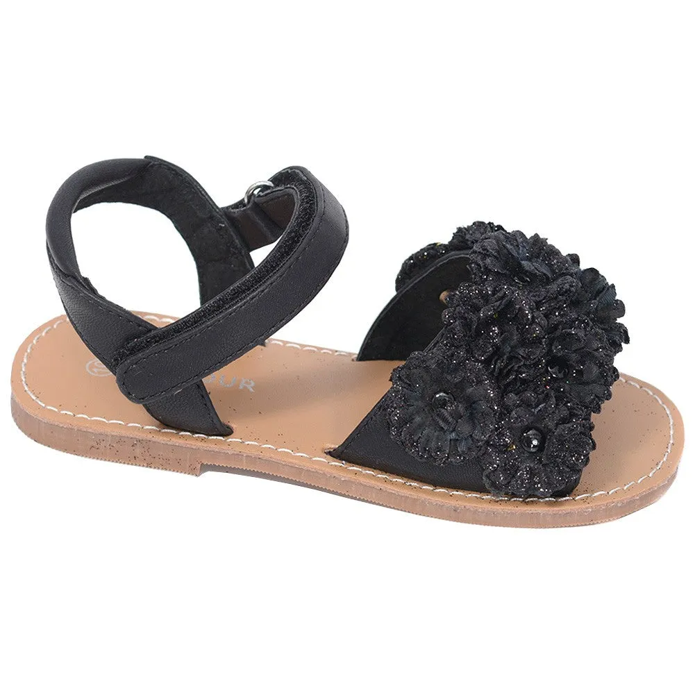 Black Sparkle Flower Strap Summer Sandal Little Girl 11-2