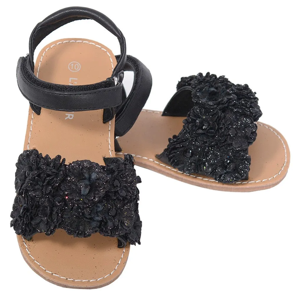 Black Sparkle Flower Strap Summer Sandal Little Girl 11-2