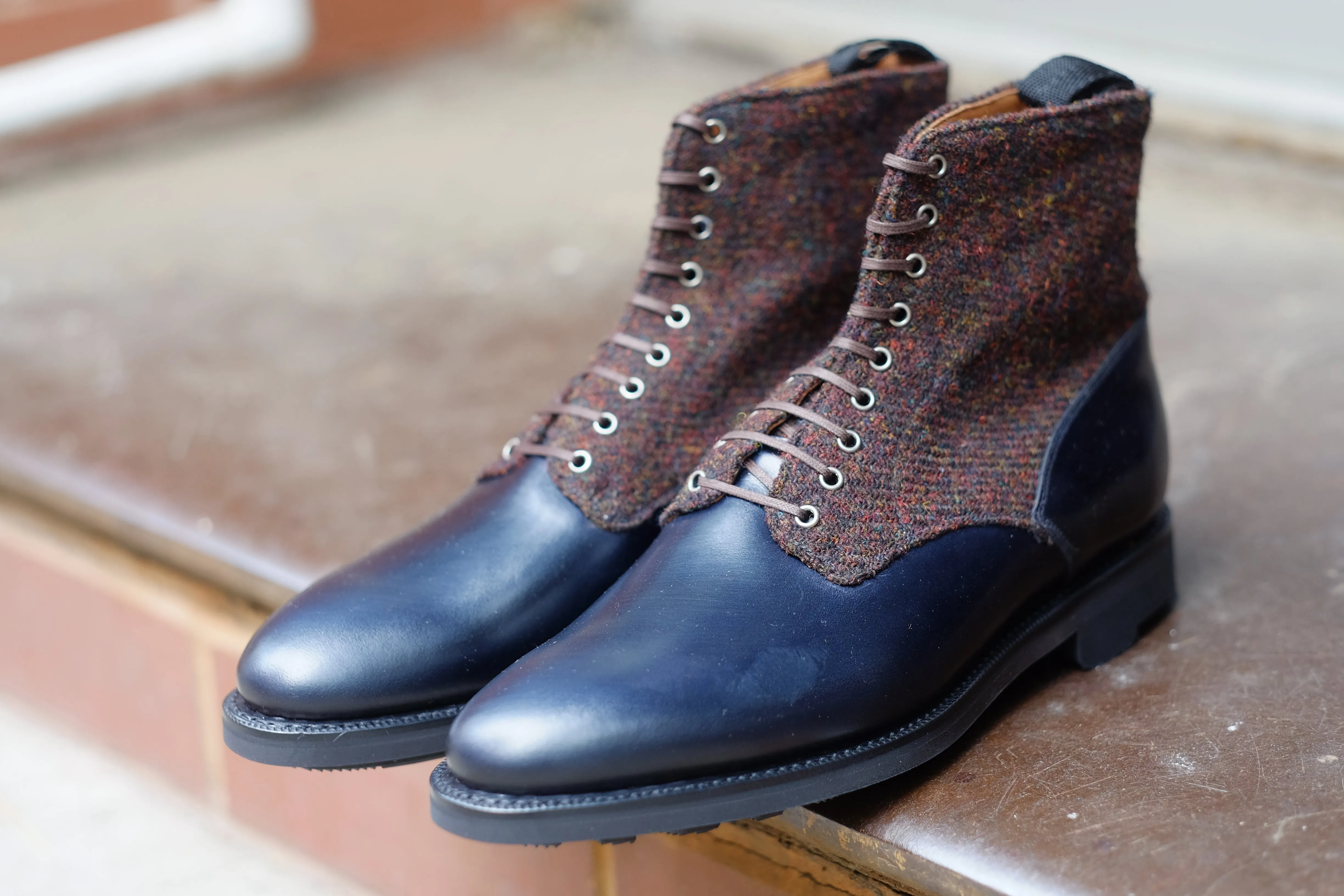 Blaine - MTO - Rugged Navy Calf / Burgundy Medley Tweed - Aged Silver Eyelets (No Speedhooks) - TMG Last - Rugged Rubber Sole