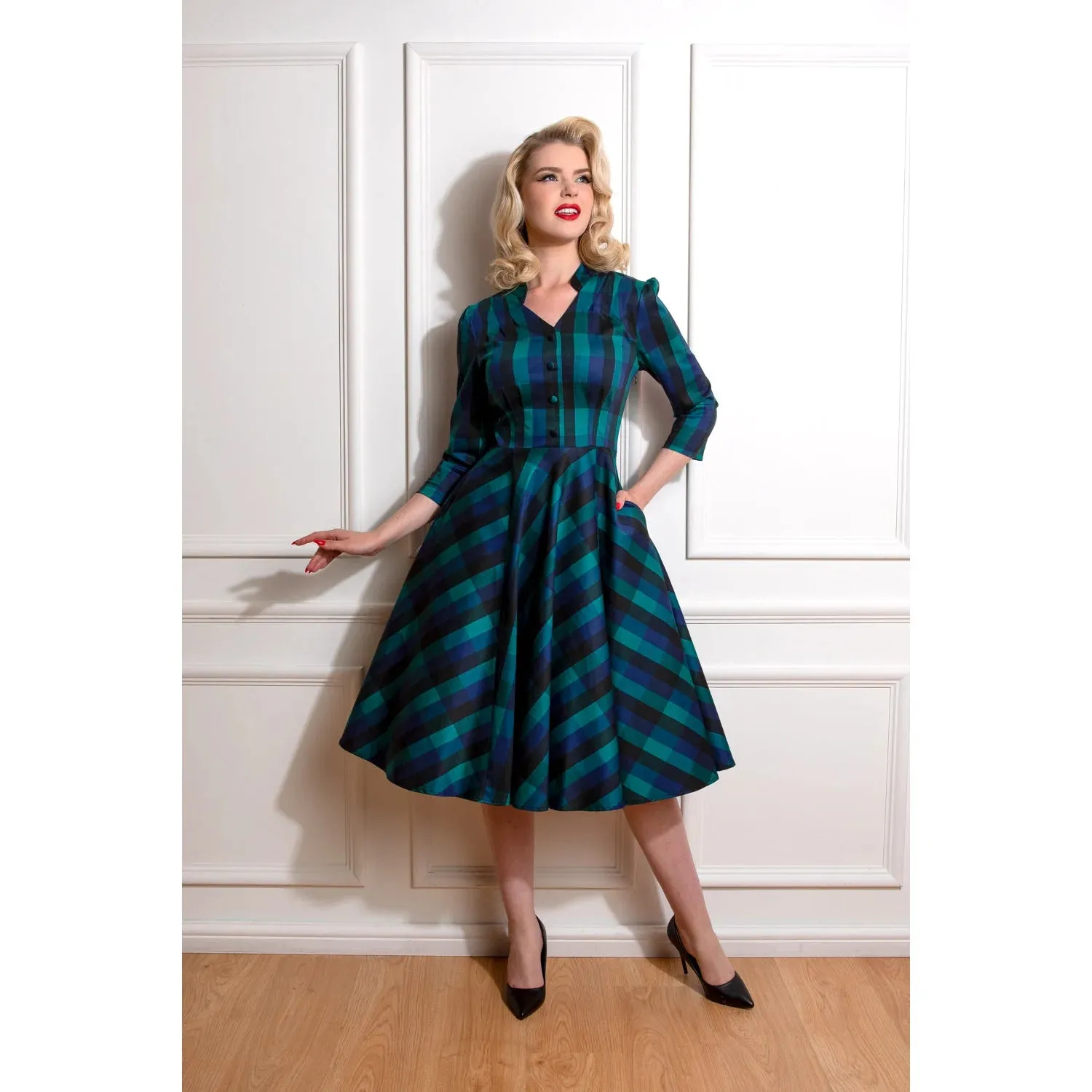 Blue Check Print 3/4 Sleeve Collared 50s Swing Tea Dress With Pockets