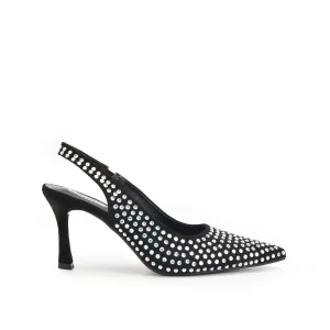 Chic Black and Silver Studded Slingback Heels | 421N-S