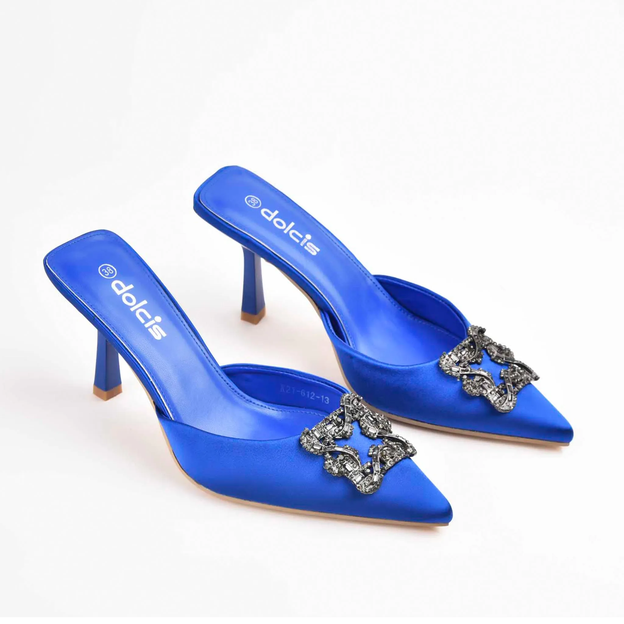 Chic Royal Blue Satin Mules with Crystal Embellishment | 466M-Q