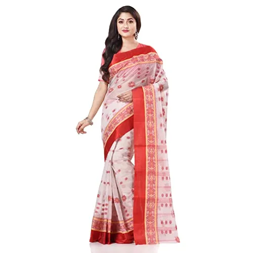 Db Desh Bidesh Women's Tant Cotton Saree Without Blouse Piece (Dbphulkoli060822_White Red)