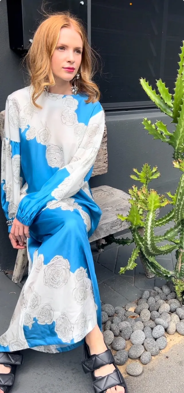 Gabriella Long Sleeve Silk Maxi Blue & White