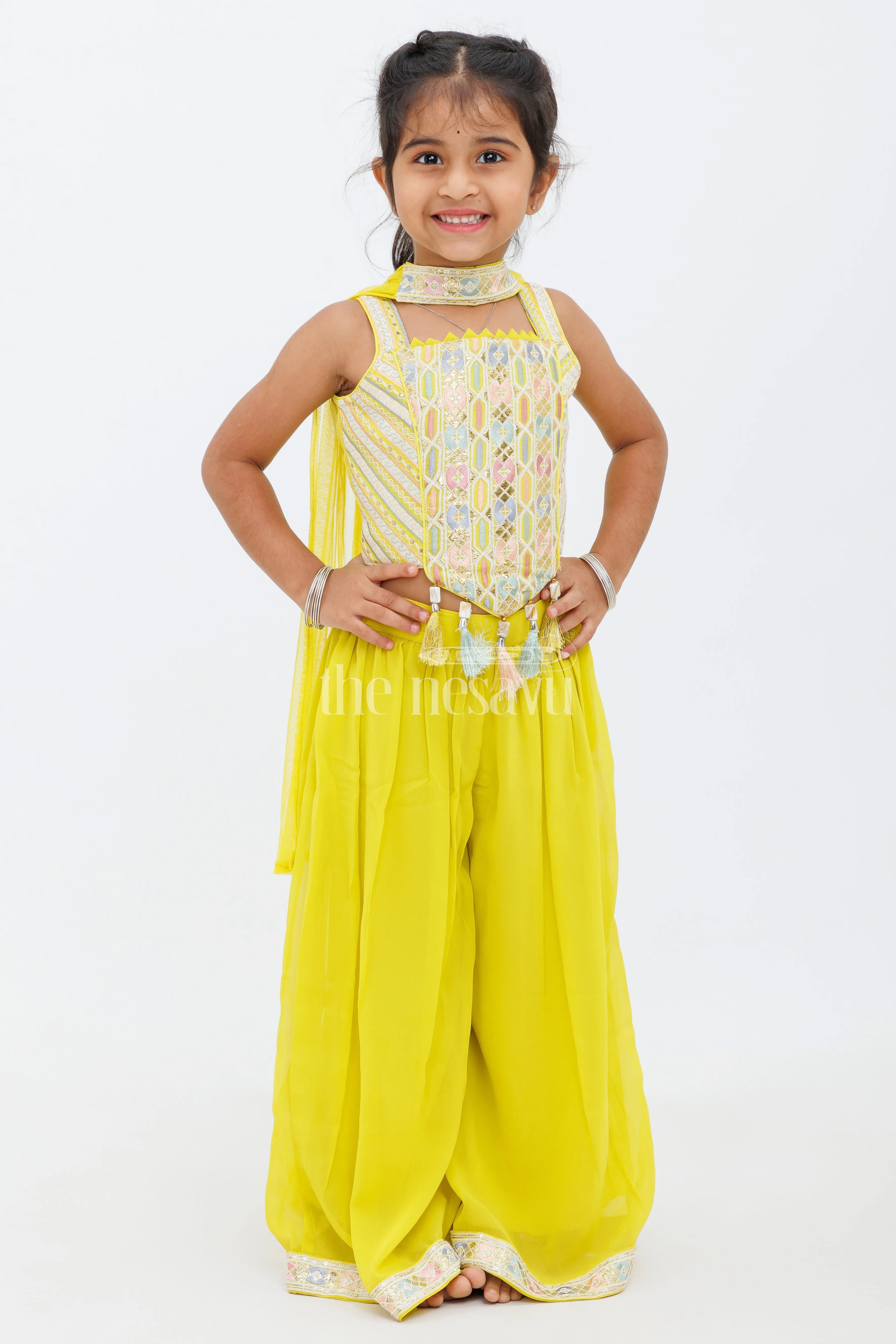 Girls Mustard Yellow Sharara Set with Sleeveless Embroidered Crop Top and Tassel Details