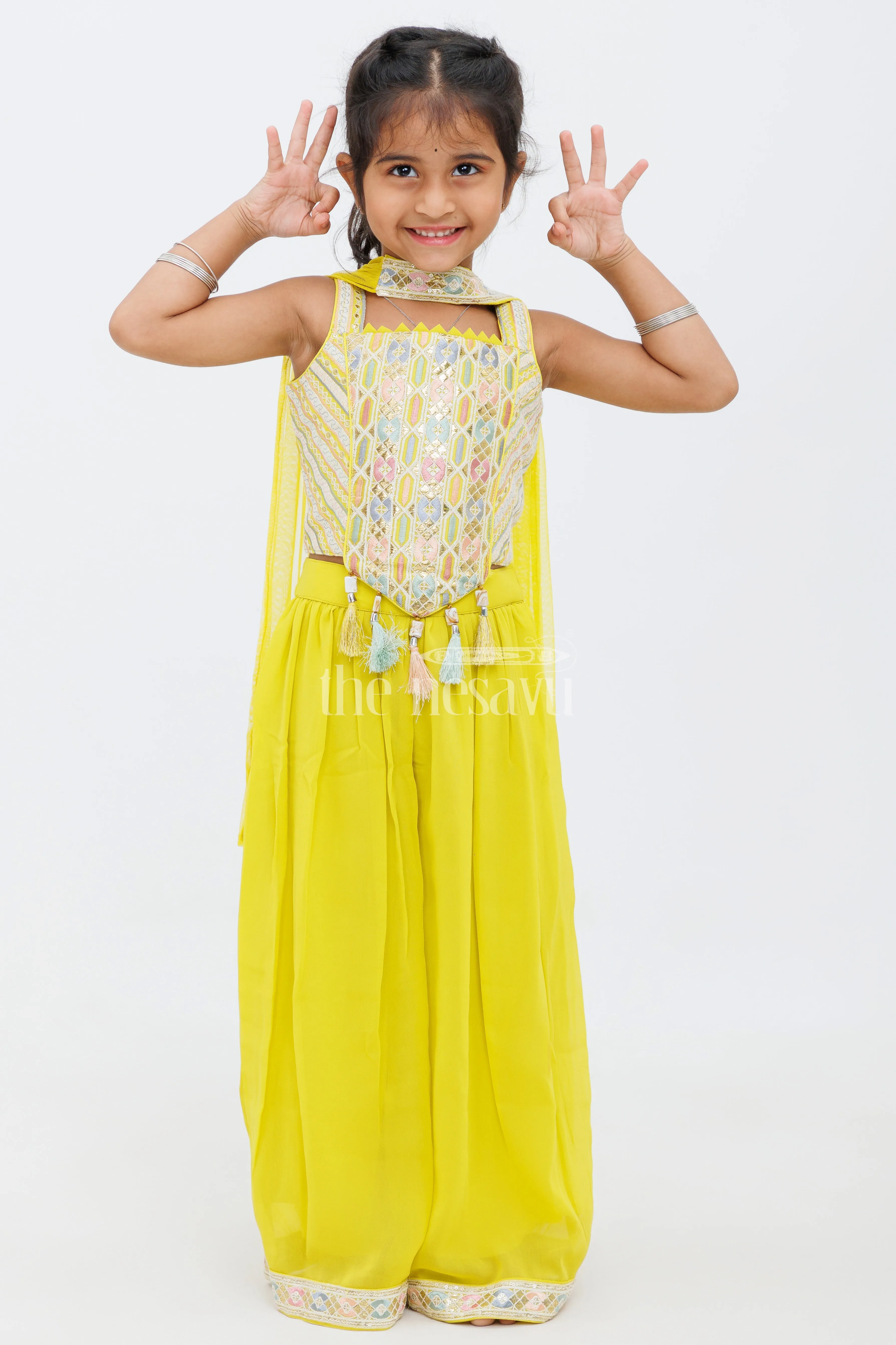 Girls Mustard Yellow Sharara Set with Sleeveless Embroidered Crop Top and Tassel Details