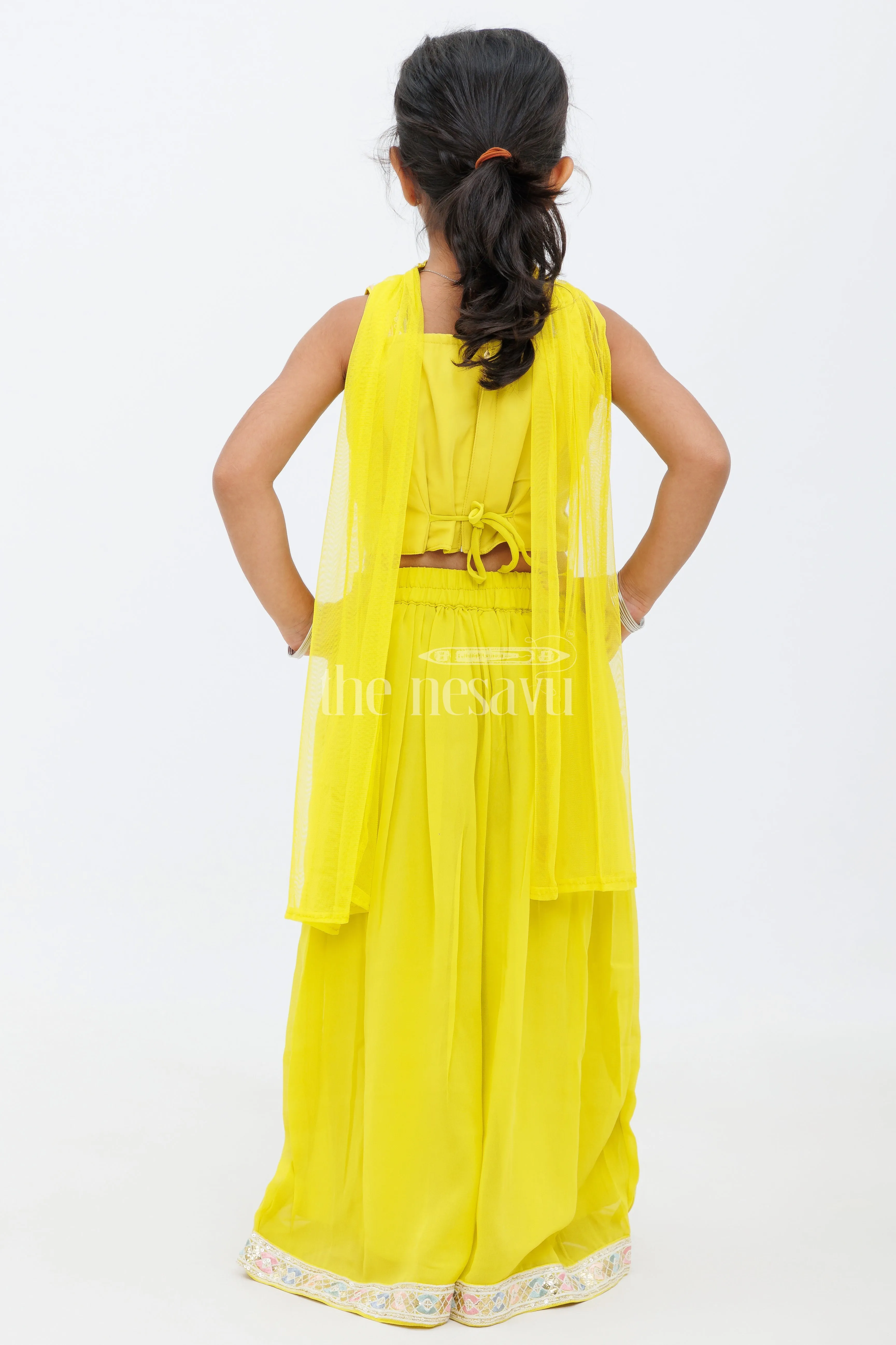 Girls Mustard Yellow Sharara Set with Sleeveless Embroidered Crop Top and Tassel Details