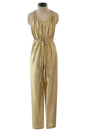 Iconic & Rare 1970s Halston Metallic Gold Lame Lurex Backless Jumpsuit