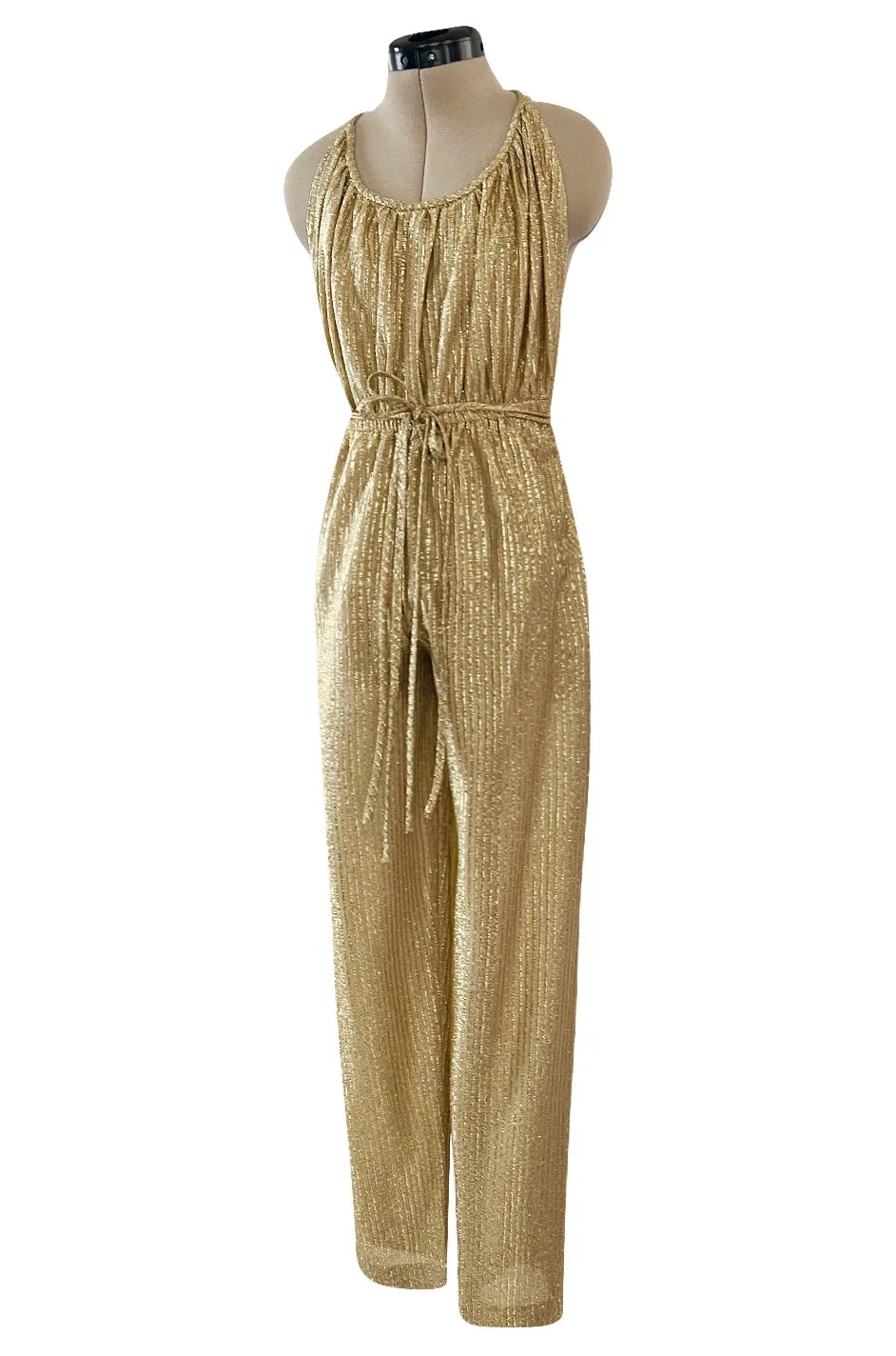 Iconic & Rare 1970s Halston Metallic Gold Lame Lurex Backless Jumpsuit