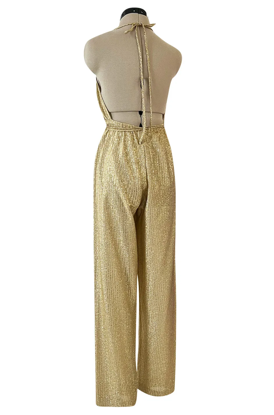 Iconic & Rare 1970s Halston Metallic Gold Lame Lurex Backless Jumpsuit