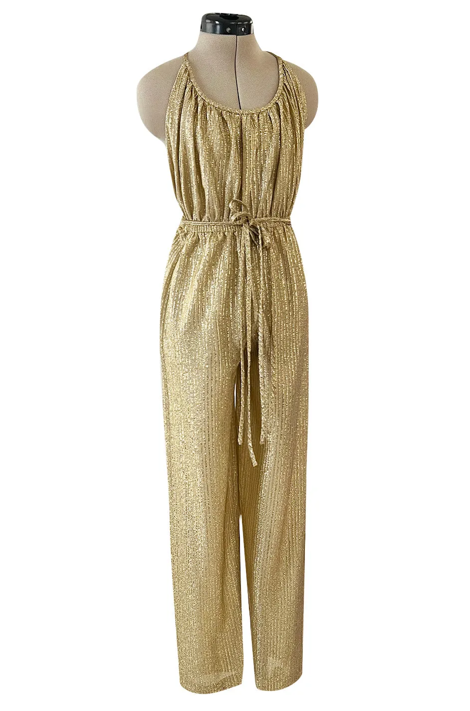 Iconic & Rare 1970s Halston Metallic Gold Lame Lurex Backless Jumpsuit