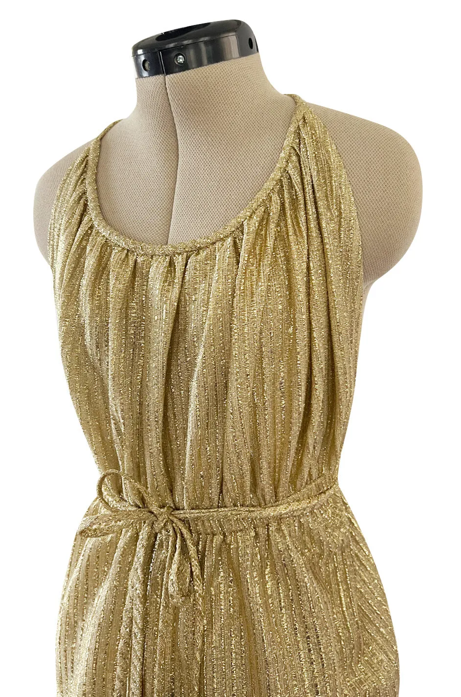 Iconic & Rare 1970s Halston Metallic Gold Lame Lurex Backless Jumpsuit