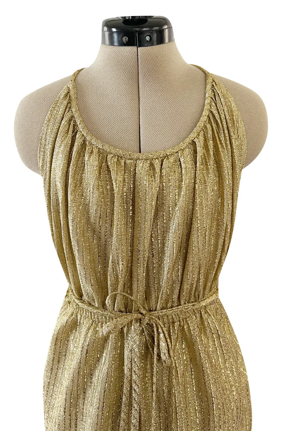 Iconic & Rare 1970s Halston Metallic Gold Lame Lurex Backless Jumpsuit