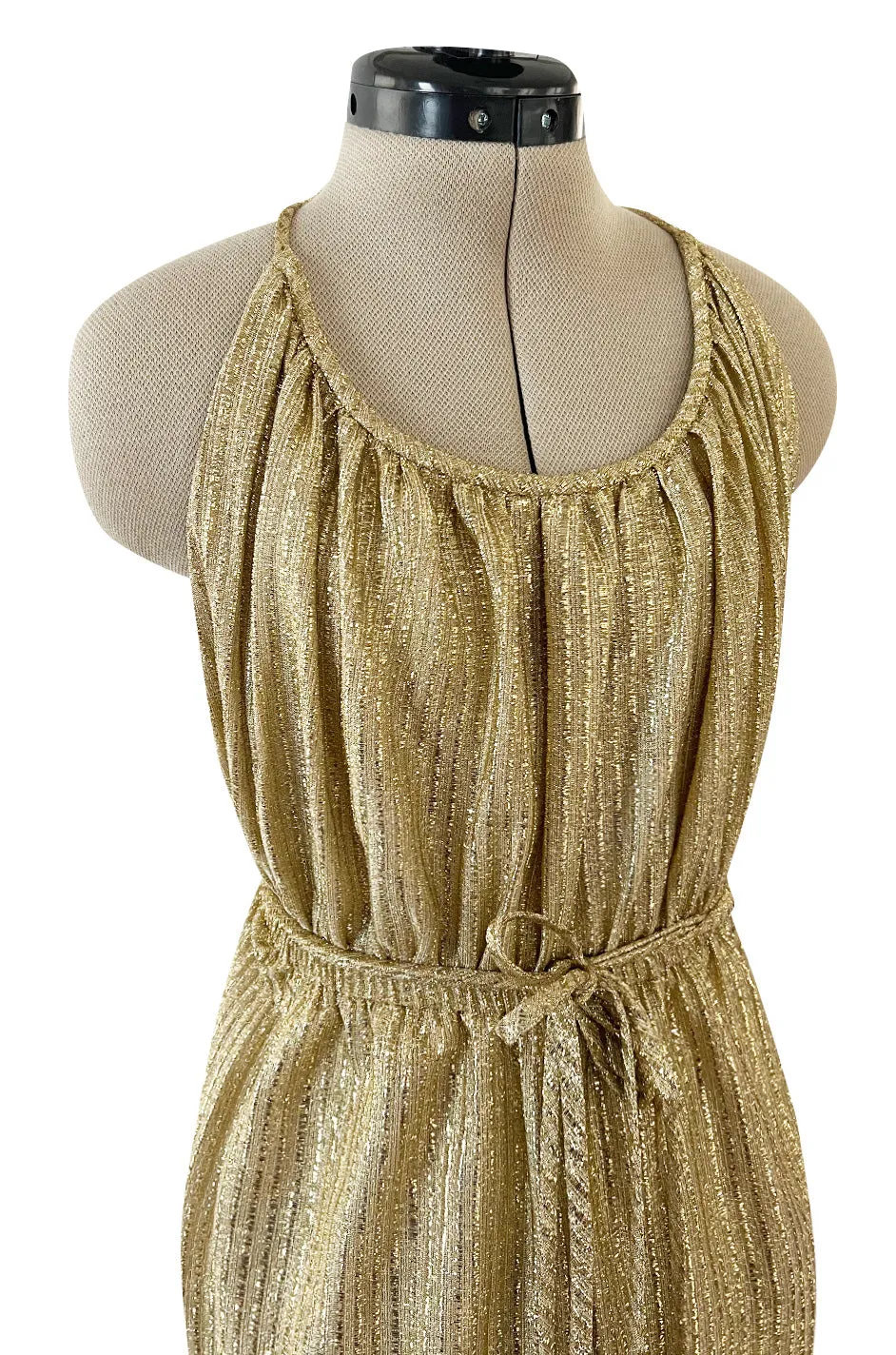 Iconic & Rare 1970s Halston Metallic Gold Lame Lurex Backless Jumpsuit