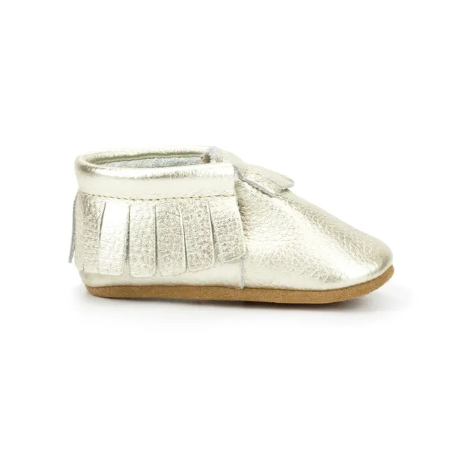 Leather Fringe Moccasins - Light Gold