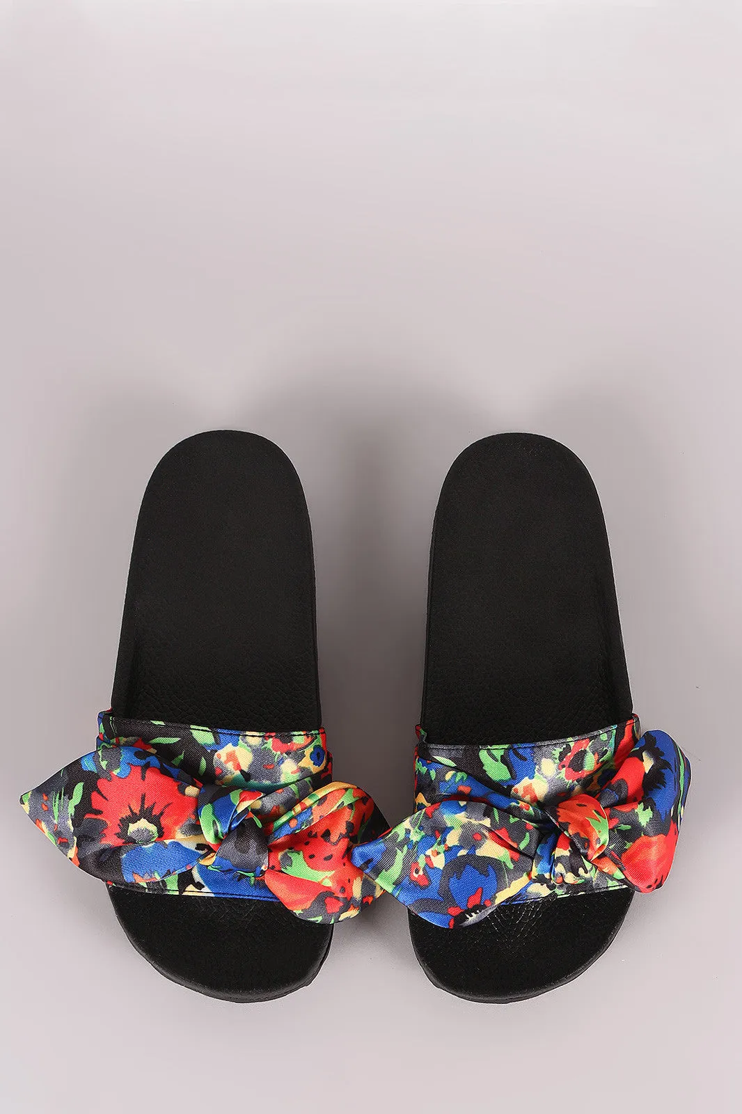 Liliana Abstract Floral Bow Open Toe Slide Sandal