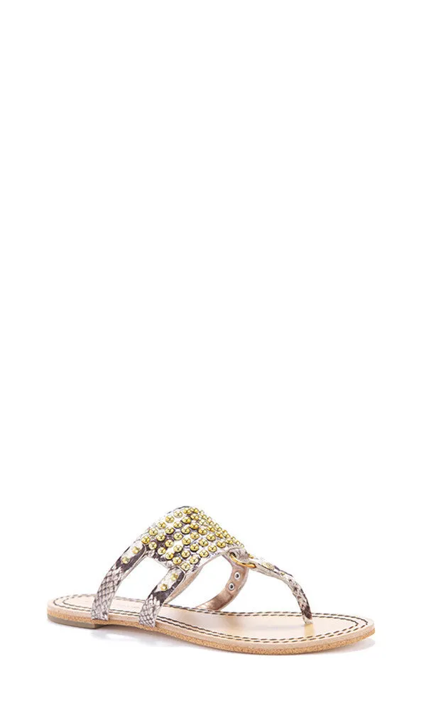 Lux Studded Embroidered Snake Leather Thong Sandal