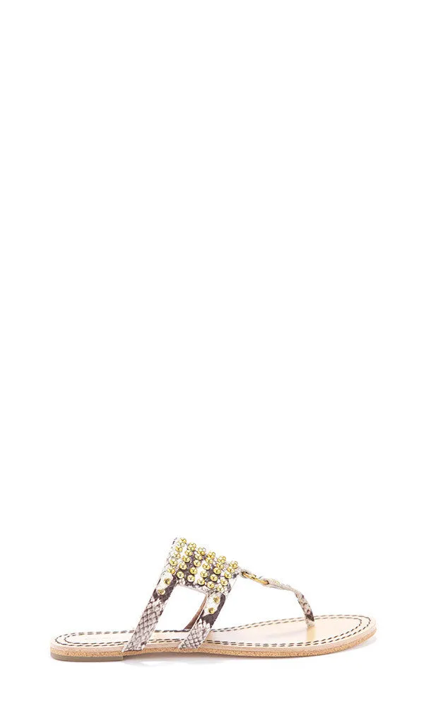 Lux Studded Embroidered Snake Leather Thong Sandal