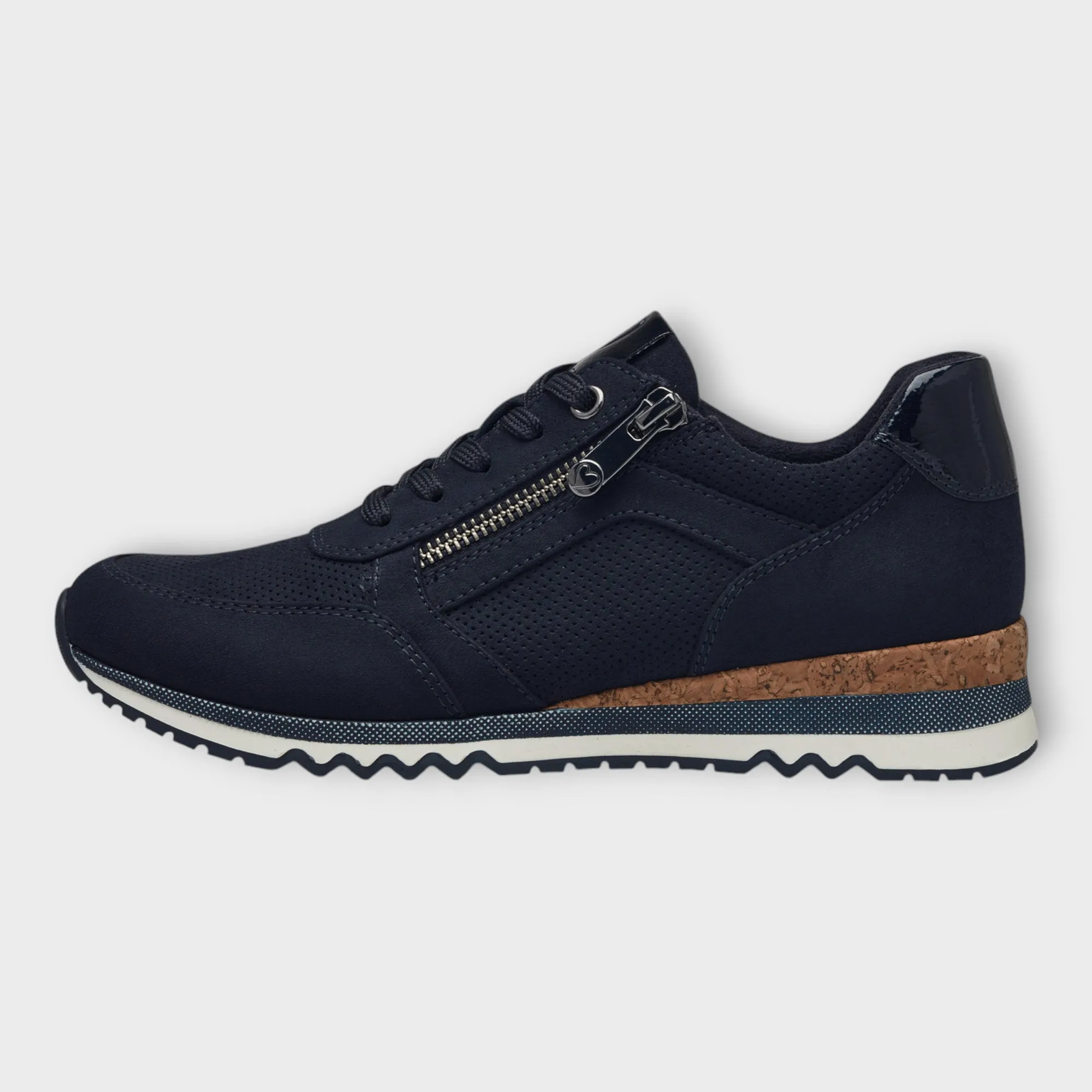 Marco Tozzi Navy Trainer with Wedge Sole and Cork Detail