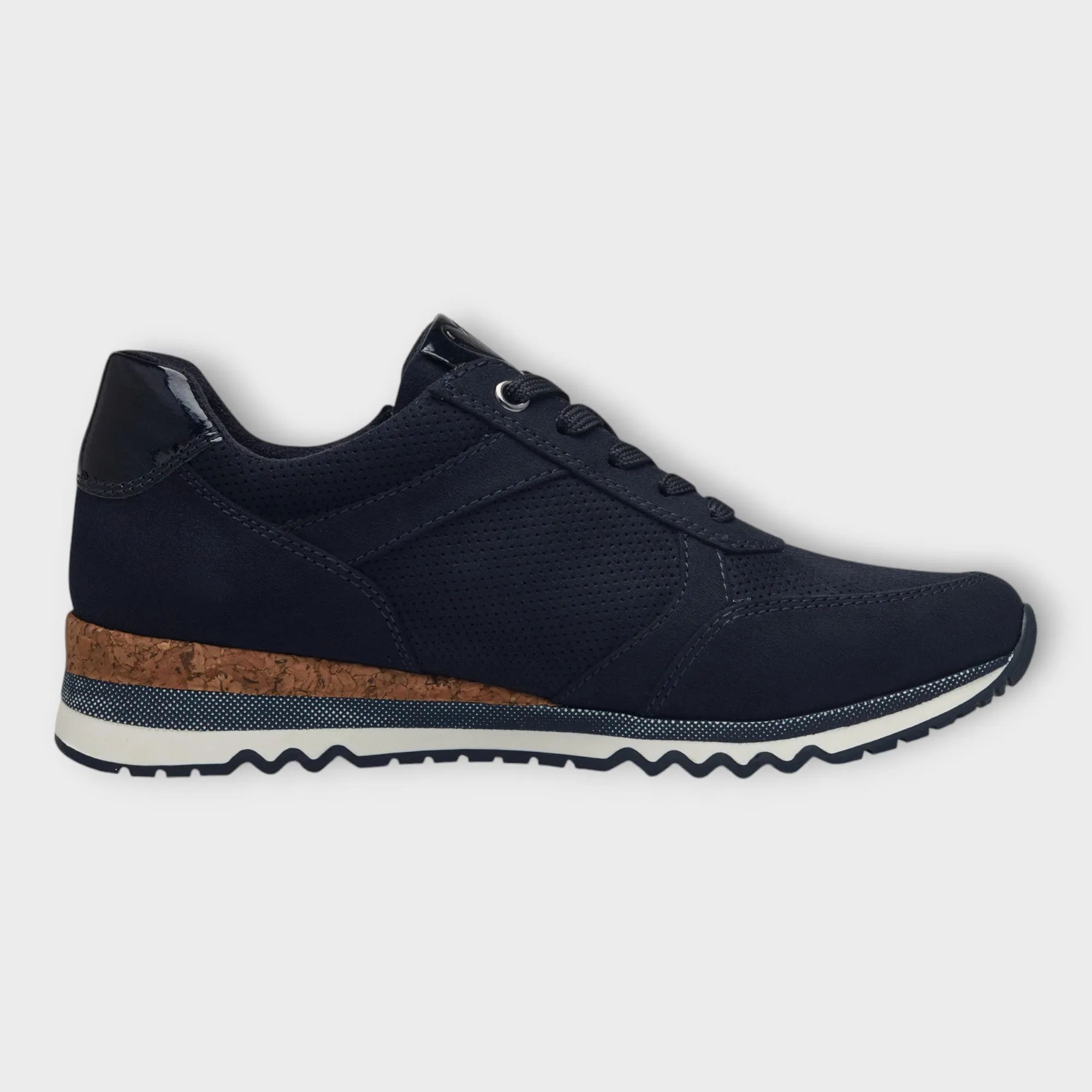 Marco Tozzi Navy Trainer with Wedge Sole and Cork Detail