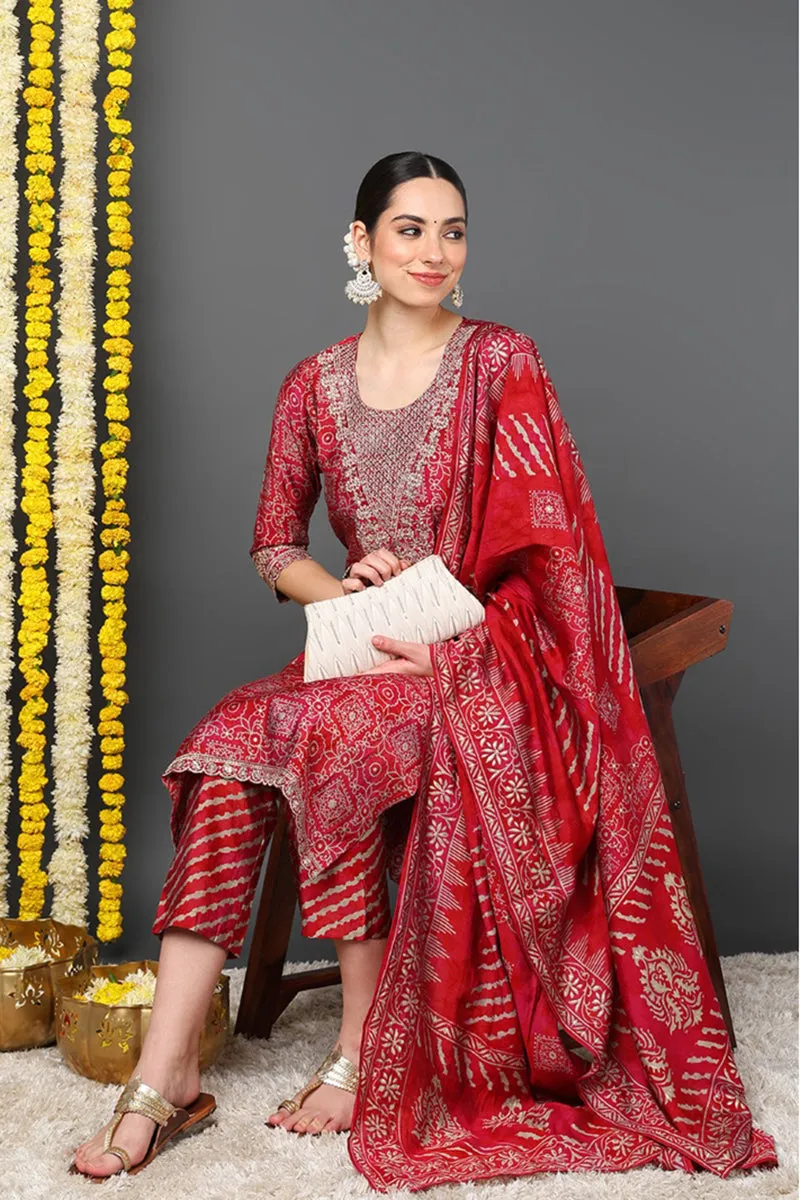 Maroon Silk Blend Ethnic Motifs Printed Straight Suit Set