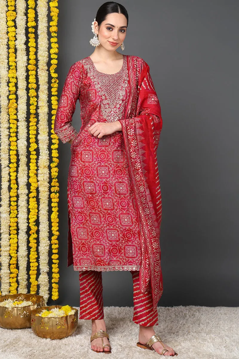 Maroon Silk Blend Ethnic Motifs Printed Straight Suit Set