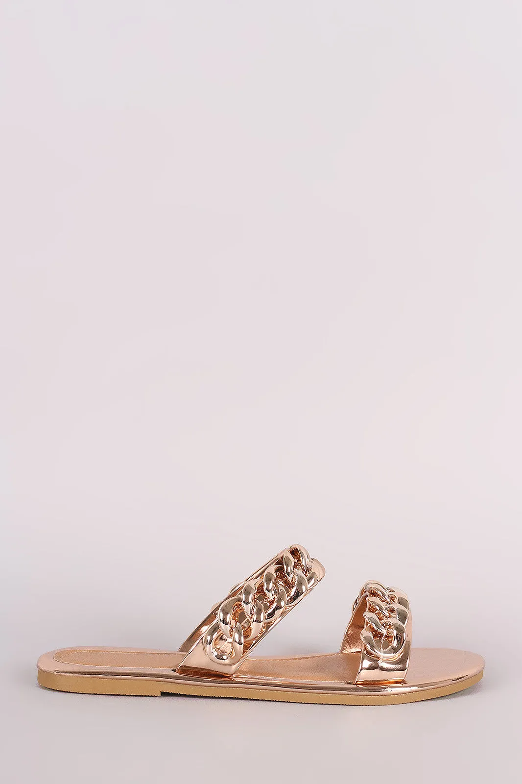 Metallic Double Band Chain Embellished Slip-On Flat Sandal