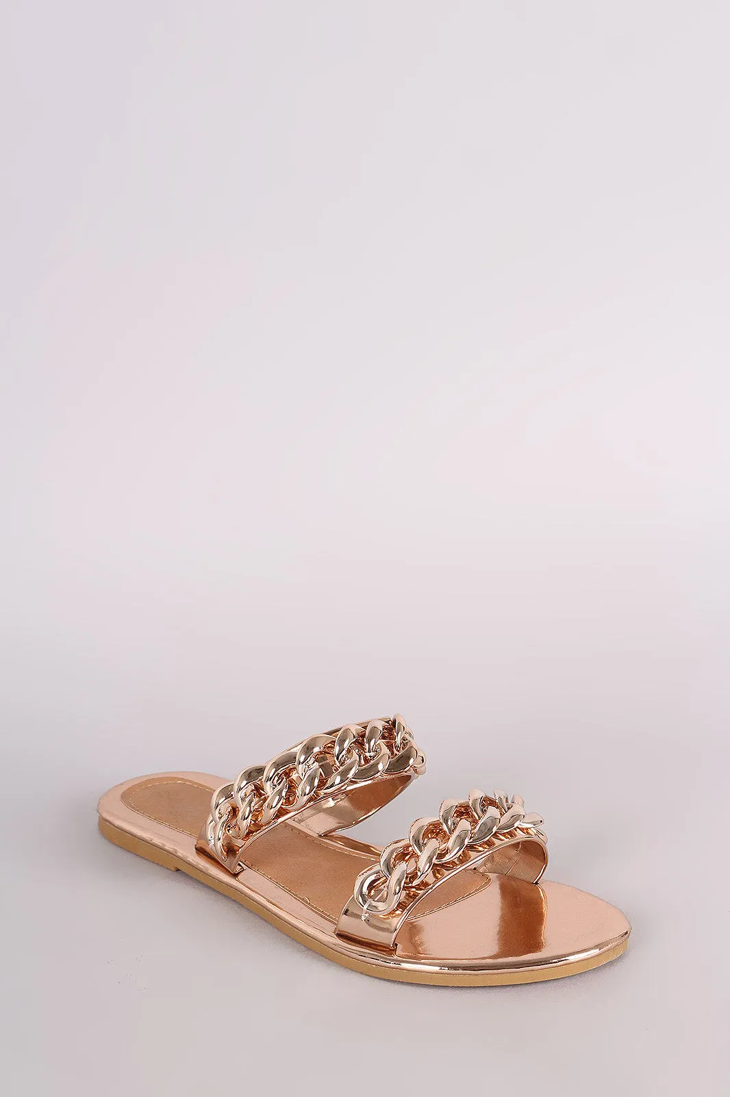 Metallic Double Band Chain Embellished Slip-On Flat Sandal