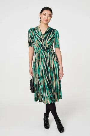 Printed 1/2 Sleeve Wrap Waist Midi Dress