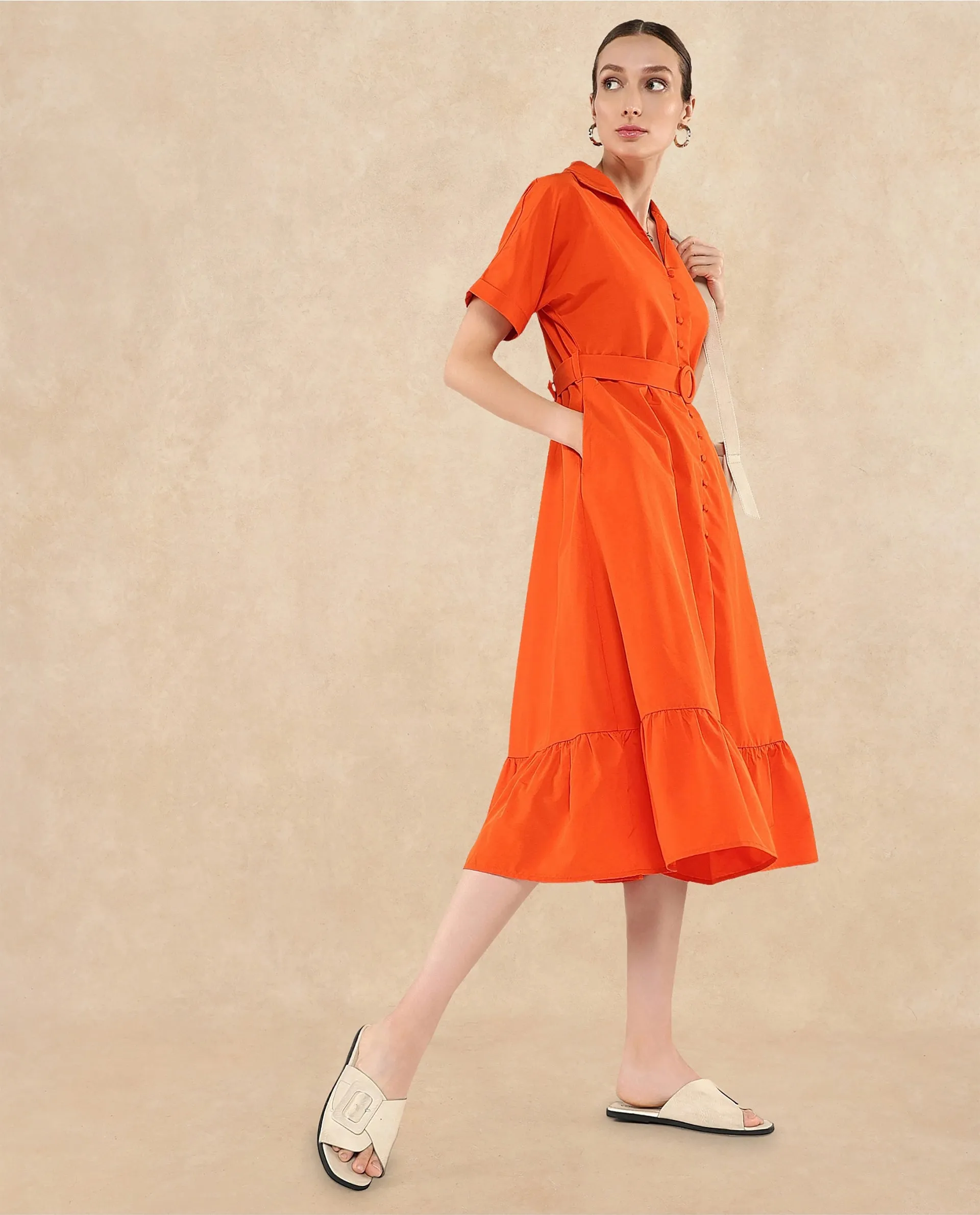 Rareism Women Capetow Rust Extended Sleeves Jonny Collar Button Closure A-Line Midi Plain Dress